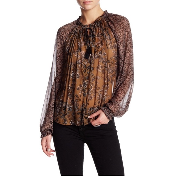 Free People Hendrix Floral Boho Sheer Peasant Blouse medium off shoulder Hippie - Picture 8 of 8